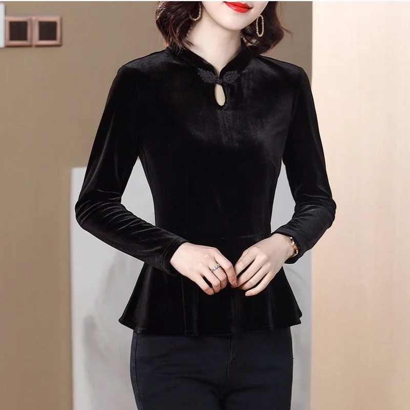 Gold velvet concession women's long-sleeved large size spring foreign Loose long retro dish buckle thin bottoming shirt