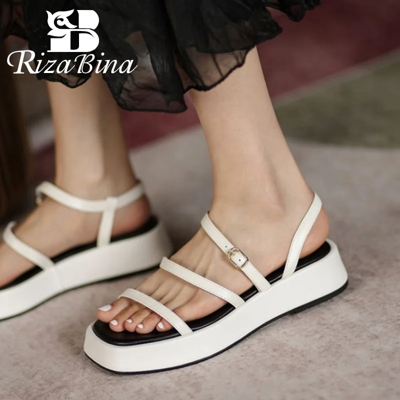 

RizaBina Size 34-40 Women Real Leather Sandals Shoes Platform Buckle Strap Casual Fashion Outdoor Daily Summer Ladies Footwear