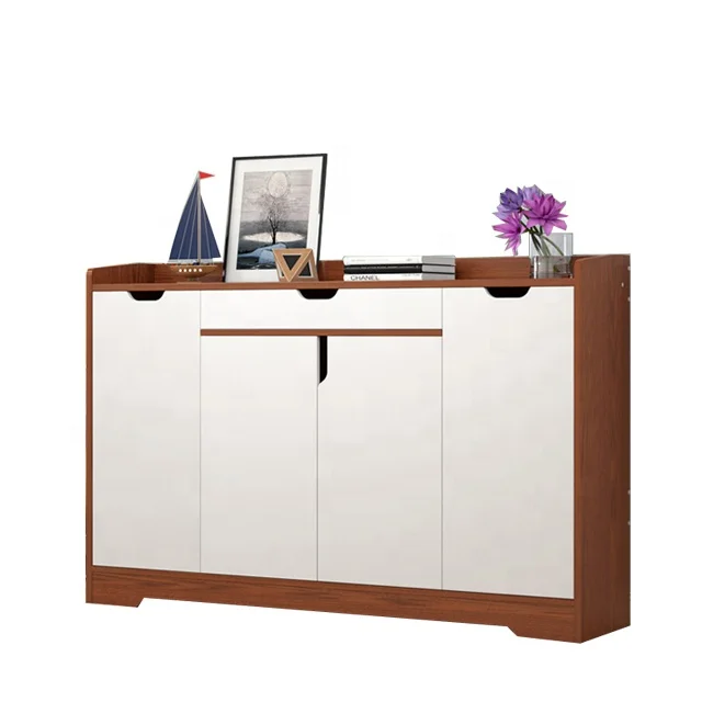 

White And Oak Veneer 4 Door Shoe Cupboard - Hallway Or Bedroom Shoe Storage