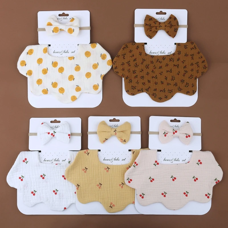 

Newborn Baby Bib Absorbent Saliva Towel with Bowknot Headband Burp Cloth Set for Toddlers Girls Boy Shower Gift