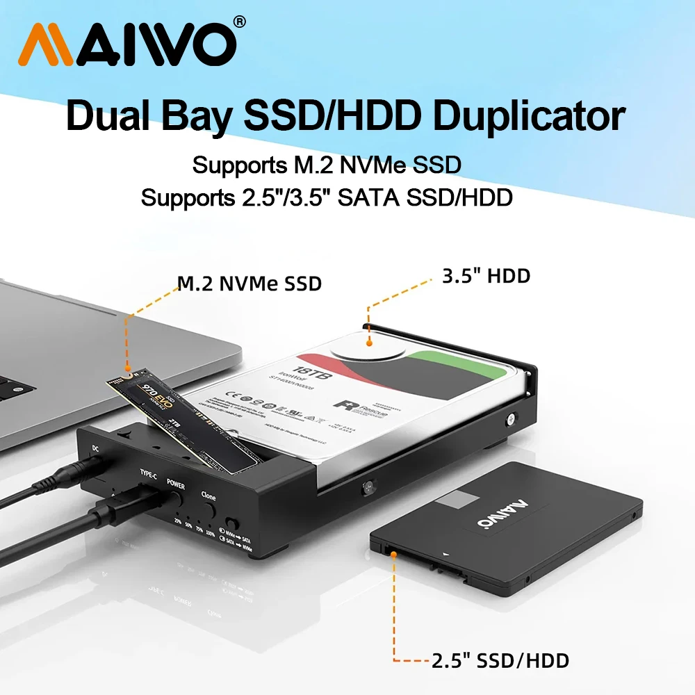 MAIWO Dual Bay M.2 Nvme Case SATA HDD Docking Station 10 Гбит/с SSD Offline Clone Enclosure Max 22 ТБ HDD/SDD box