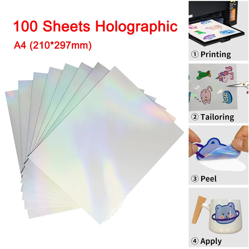 Printable Clear Holographic Sticker Paper A4 Vinyl Sticker Paper for Inkjet Printer Waterproof Adhesive Transparent Sticker