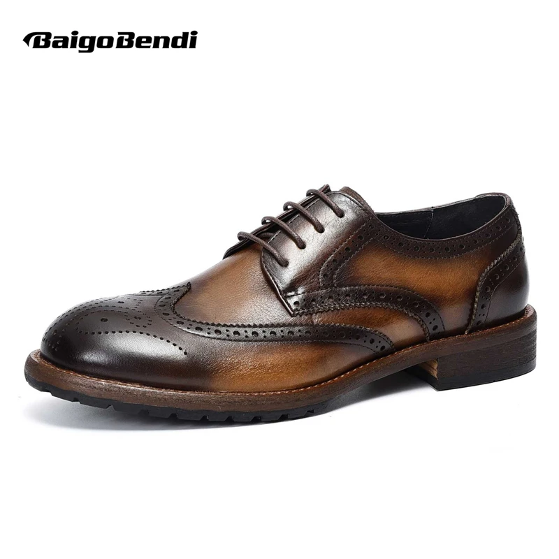 

Hight End Handmade Mature Men Retro British Carved Casual Leather Wingtips Brogue Shoes Businessman Elegant Concise Oxfords