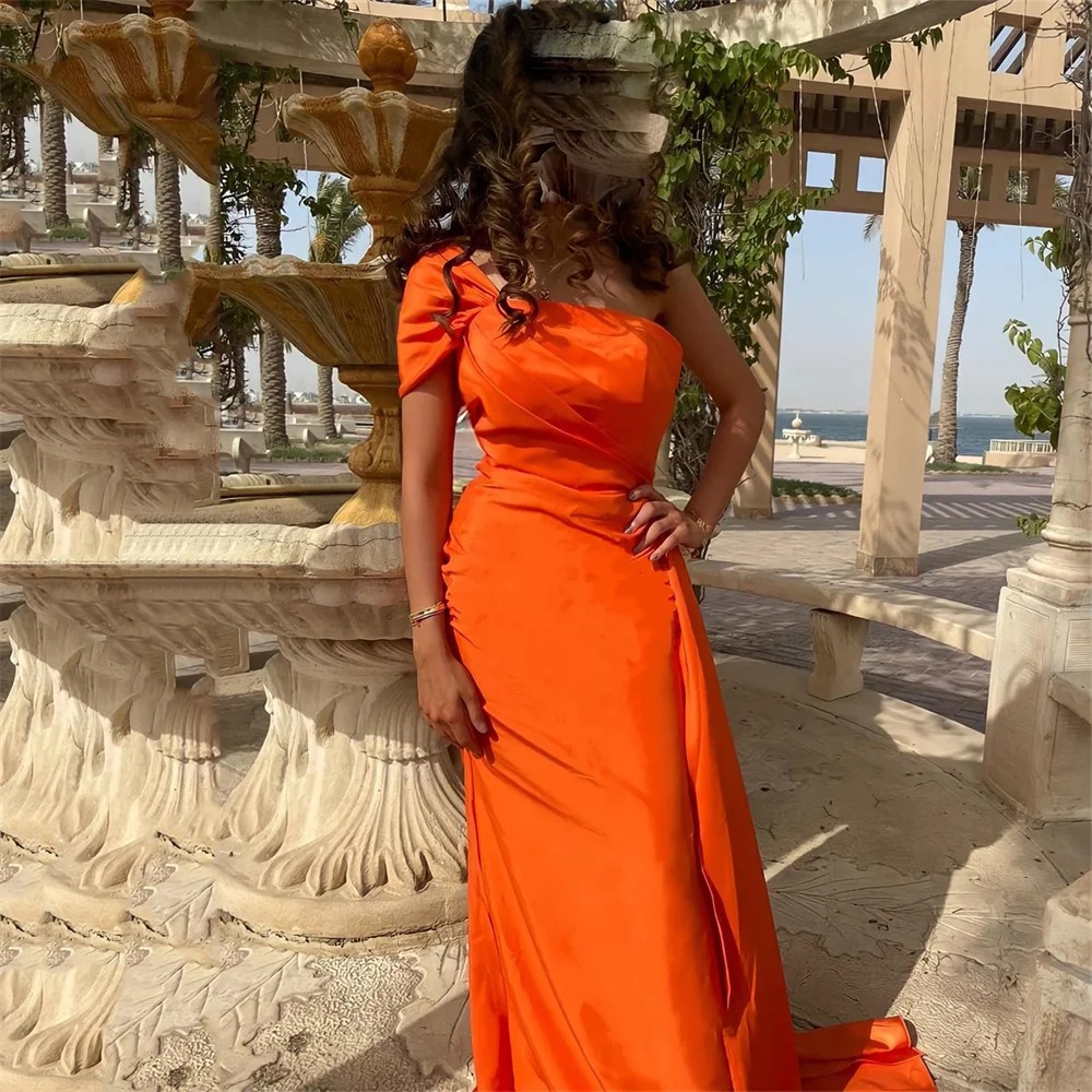 

MINGLAN Elegant One Shoulder Sleeveless Pleat Mermaid Long Evening Dress Floor Length Sweep Train Fashion Formal Prom Gown New