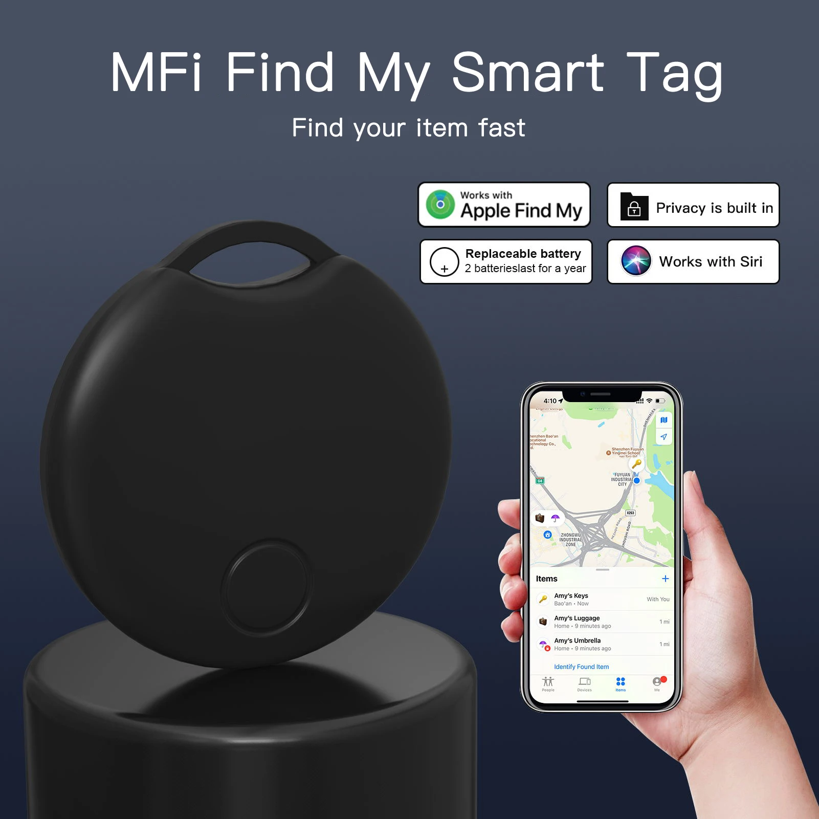 Фото Умный GPS-трекер для поиска на расстоянии для Apple Find My: определение местоположения по голосу, для чемоданов, ключей, сумок, игрушек, совместим с iOS iPhone №1