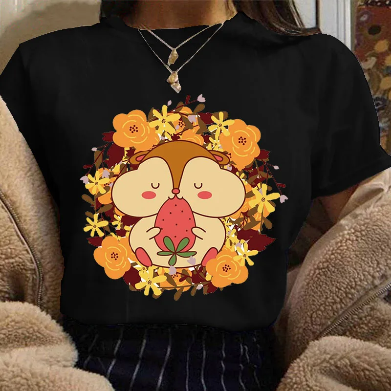 

2022 T shirt Women Short Sleeve Cartoon hamster Strawberry Fashion Clothes Print Tshirt Female Tee Tops Graphic Ladies T-shirt