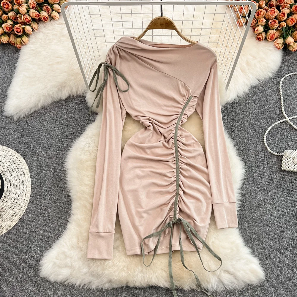 

Spring Autumn Long Sleeve Bodycon Mini Dress Women Solid Color Slash Neck Drawstring Ruched Slim Fit Club Party Dress Streetwear