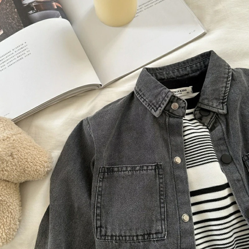 Джинсовое пальто для мальчиков 2-7 лет весенне-осенняя детская куртка однотонный