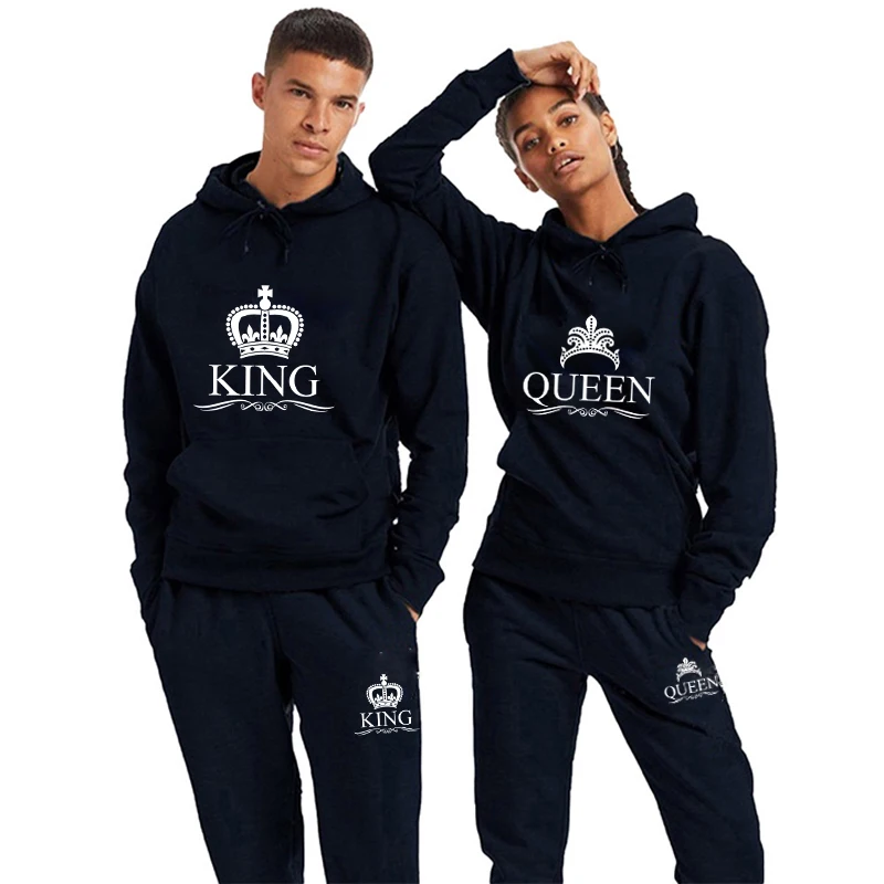 New Couple Suit Fashion KING or QUEEN Printed Hoodie and Sweatpants Crown Design Men Women Lover Suits 2pcs Set