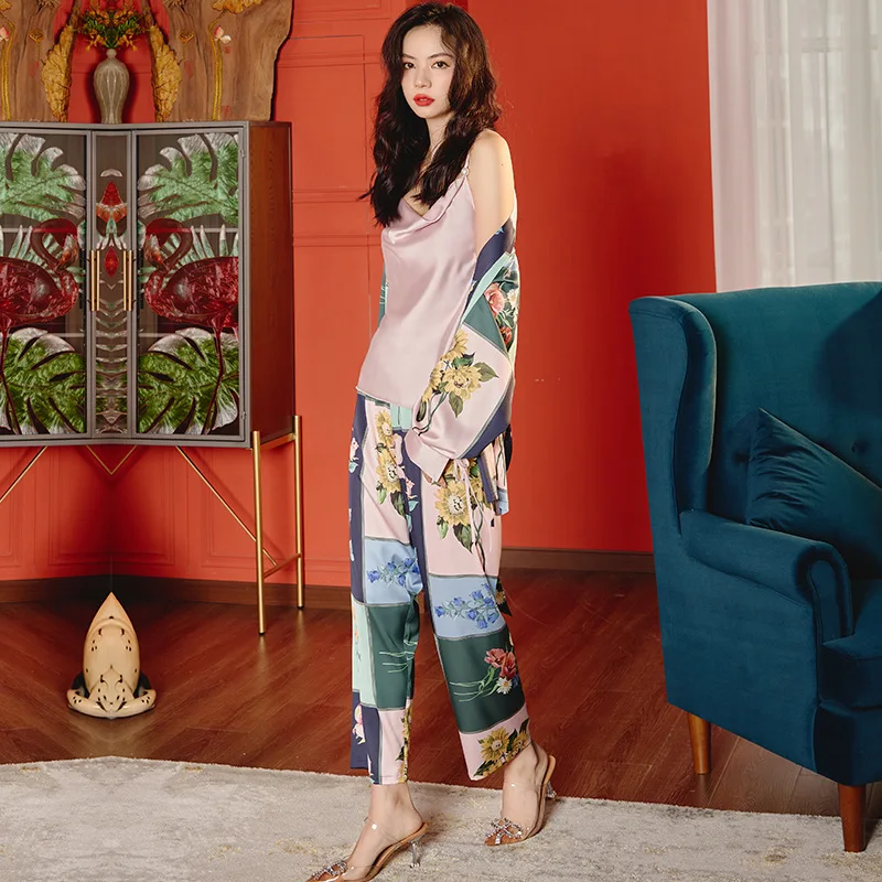 Print Girls Sleepwear Women's Pajamas 3 Pcs Sets with Pants Sling Solid Satin Woman Turn-Down Collar