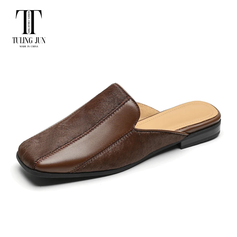 Mix Horse Hair Slippers Low Heel Concise Sandals For Women Lgyz-379-2