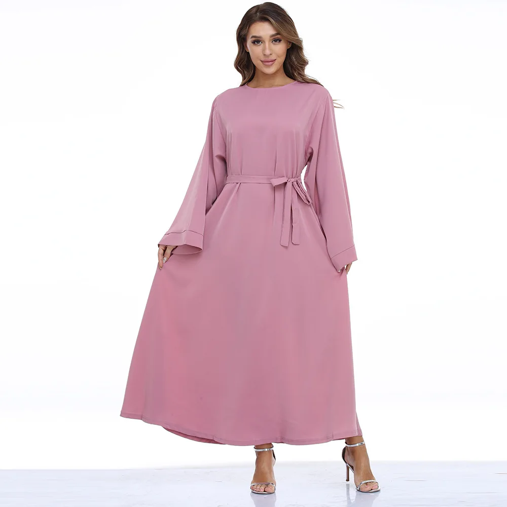 Wepbel Muslim Dress Abaya Women Long Sleeve with Belt Arab Abaya Robe Caftan Clothes Worship Service Djellaba Islamic Clothing