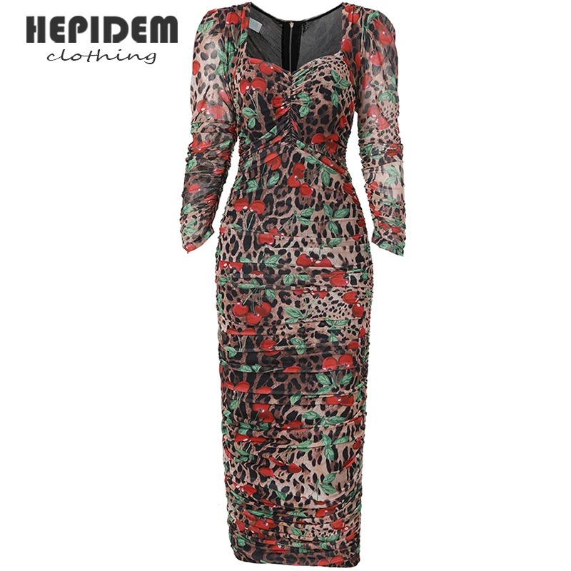 

HEPIDEM Clothing Summer Short Cheongsam Dress Women 2022 New Long Sleeve Gauze Mesh Vintage Printing Sexy Slim Dress 69846