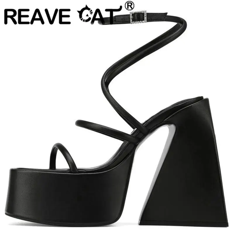 

REAVE CAT 2022 Women Sandals Peep Toe 4.5cm Platform 13.5cm Chunky High Heels Ankle Strap Big Size 34-43 Solid Black Beige S3863
