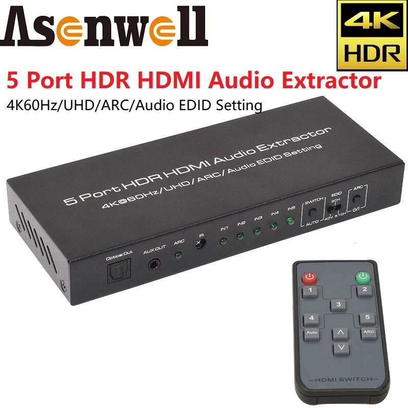 HDMI переключатель 5 в 1 UHD HDR 4K 60 Гц, аудио экстрактор HDMI 2,0, 5-портовый переключатель, концентратор HDCP 2,2 SPDIF 5,1, аудио дуга для PS4, стандартный HDTV