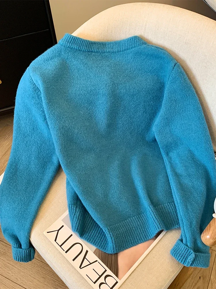 Женский кашемировый свитер с синим бантом в стиле Харадзюку корейский длинными