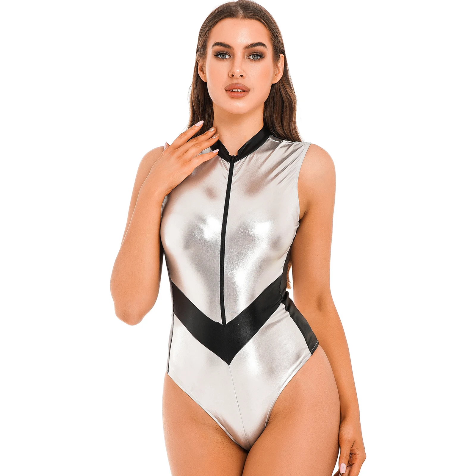 

Womens Fashion Party Club Music Festival Color Block Zipper Stand Collar Leotard Metallic Shiny Sleeveless Sexy Catsuit Bodysuit