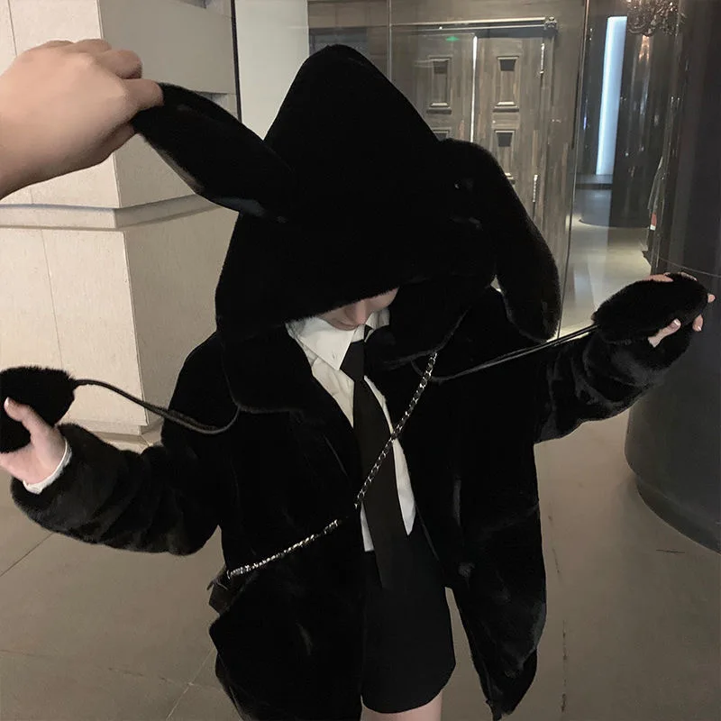 Winter Fluffy Jacket with Rabbit Ears Raglan Sleeve Zipper Oversize Light Soft Harajuku Kawaii Faux Fur Hoodie 2021 White Parkas