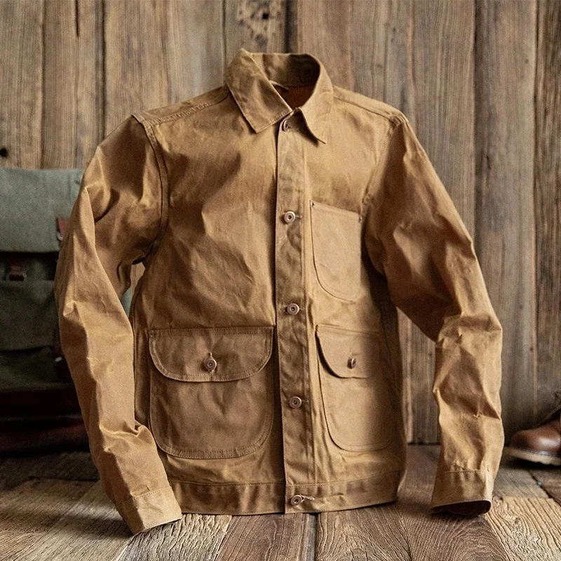

Oil Wax Jackets For Men Pocket Khaki Denim Pocket Jacket Vintage Casual Coat Cotton Solid Slim Jackets Tops