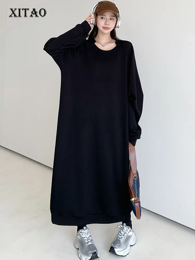 

XITAO Свободное платье с длинным рукавом, с круглым вырезом, повседневное однотонное, простое, подходит ко всему, осень 2023, Новое Женское платье-пуловер LYD1485
