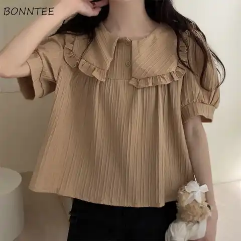 Short Sleeve Blouses Women Solid Peter Pan Collar Schoolgirls Clothing Summer Sweet Korean Style All-match Fashion New Cozy Tops
