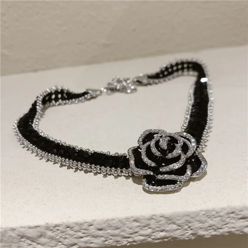 Ожерелье феи с черным кристаллом и цирконием жемчугом камелией для женщин кулон