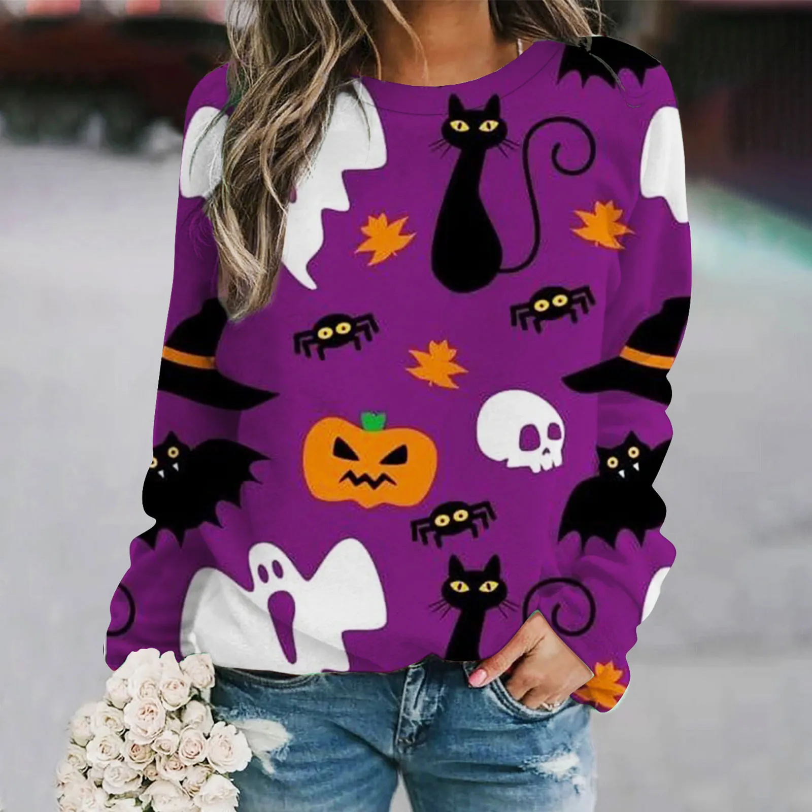 

Womens Graphic Sweatshirts Women Casual Pullover Halloween Print Round Neck Long Sleeve Hooded Sweatshirt Top Knit Sweatshirt