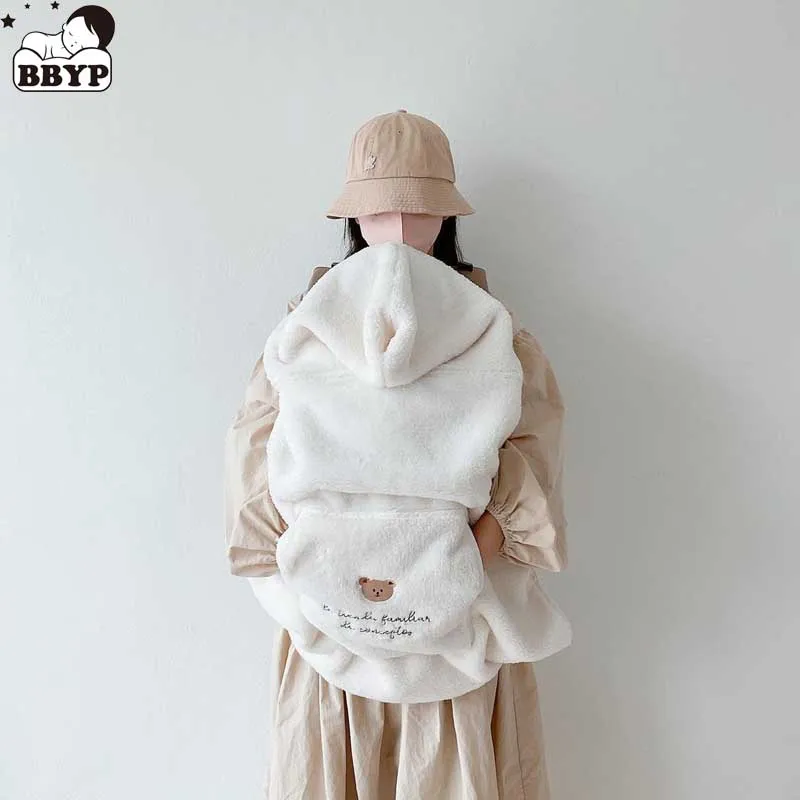 Embroidered Bear Baby Toddler Infant Clothes Cute Fleece Fur Winter Warm Baby Carrier Carry Blanket Warm Cloak Stroller Cover Bl