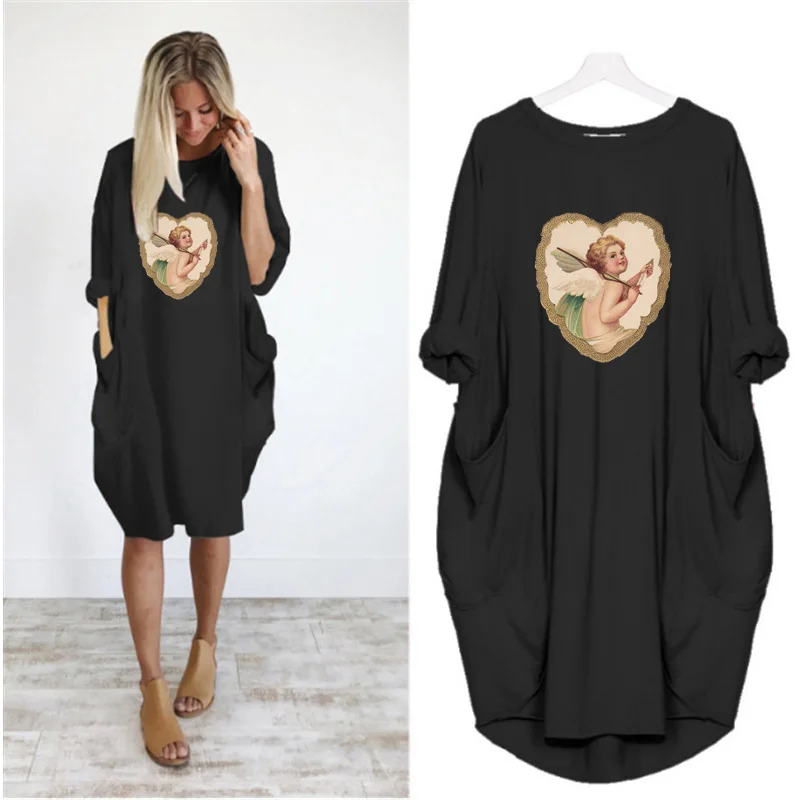 

Angel Womens Dresses Korean Fashion Cartoon Print Autumn Spring One Piece Tshirt Dress Long Sleeve Pocket Loose Solid Daily Wear