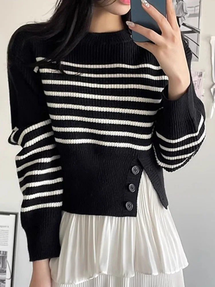 

Женские Пуловеры на осень и зиму, корейский винтажный стиль, круглый вырез, нестандартный разрез, универсальный тонкий полосатый вязаный свитер D4931