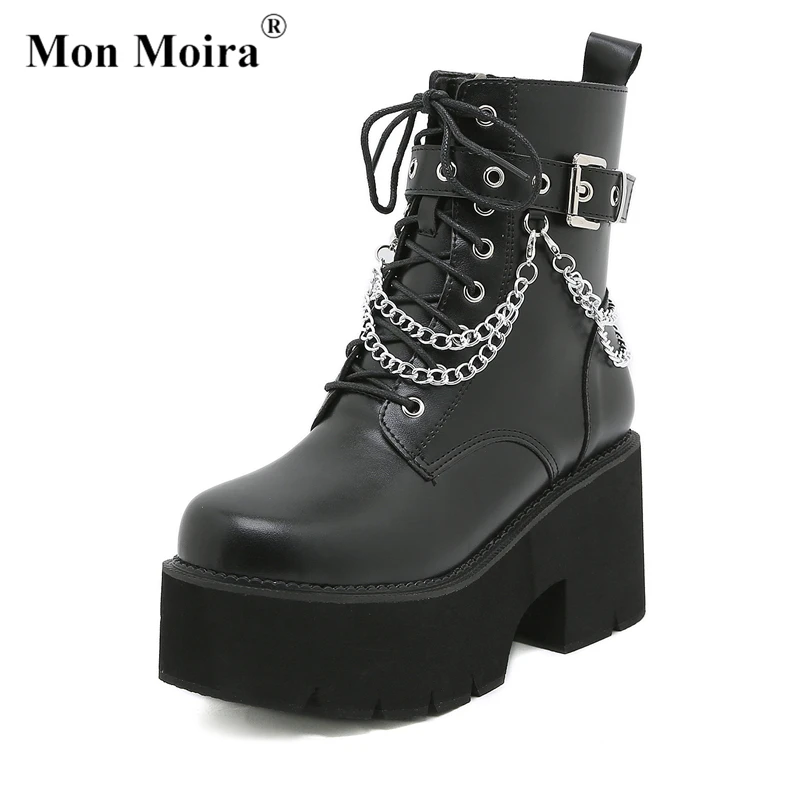 MONMOIRA Chunky Platform Metal Chain Goth Ankle Boots Women 2022 Autumn Zipper Buckle Round Toe Thick Heel Ladies Shoes