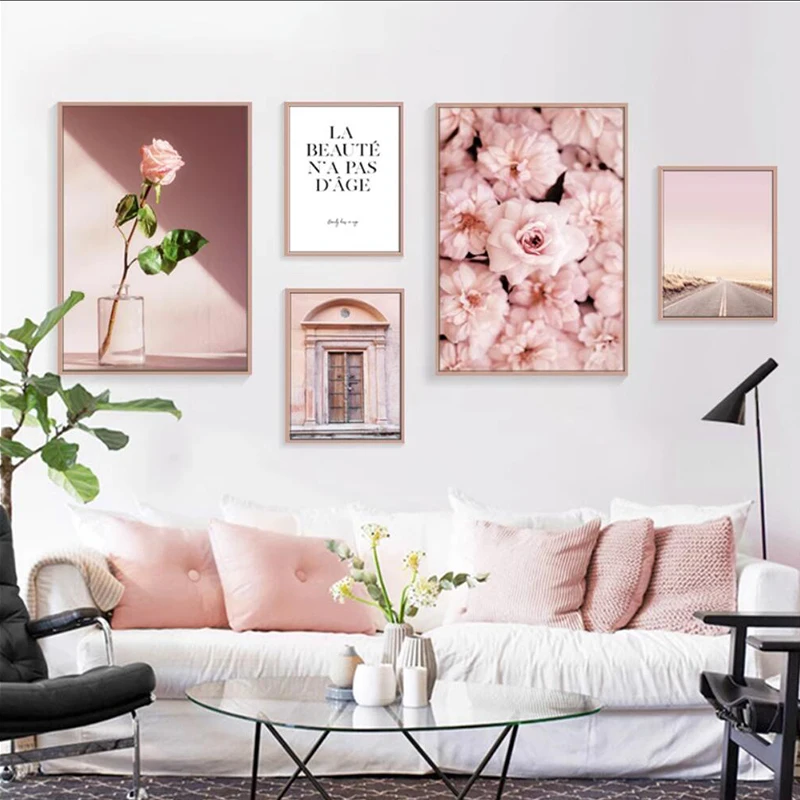 

Nordic Ins Pink Series Printed Murals, Architectural Landscapes, Canvas Paintings, Flower Posters, Decorative Paintings, Living