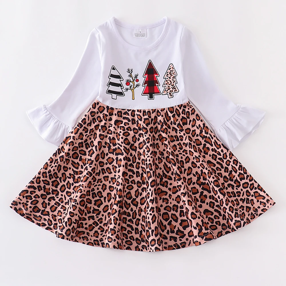 

Fashion Boutique Birls Clothing, Baby Girl Milk Silk Christmas Tree Leopard Print Ruffle Dress Children Clothing Wholesale