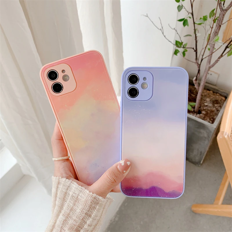 

Watercolor Liquid Silicone Case For iPhone 13 Pro Max 12 Mini 11 12 Pro XS Max X XR SE 2020 8 7 Plus Tempered Glass Phone Case