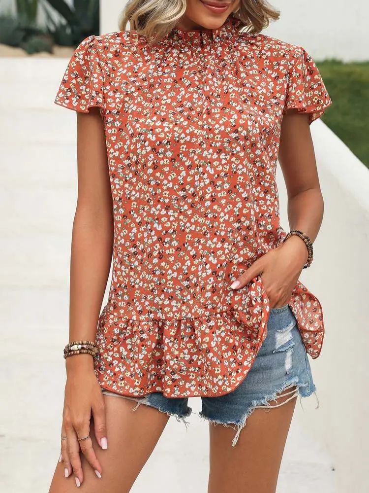 

Женская шифоновая блуза с цветочным принтом, коротким рукавом и оборками