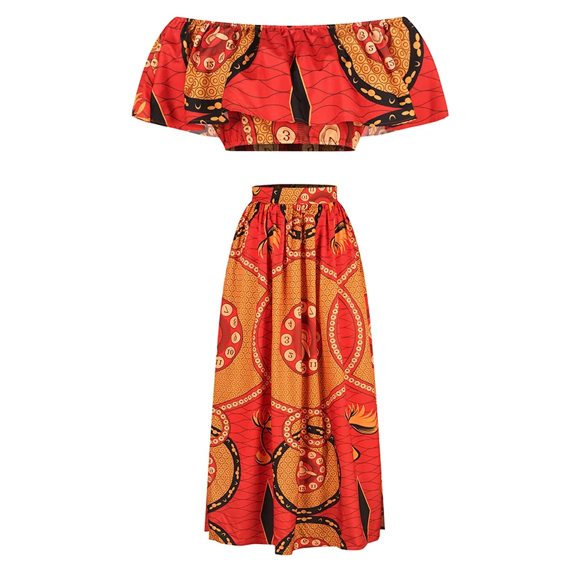 

Women African Print Skirt 2 Pieces Set (Tops+Skirts) Women Dashiki African Dress Evening Party Pleated African Dresses Women