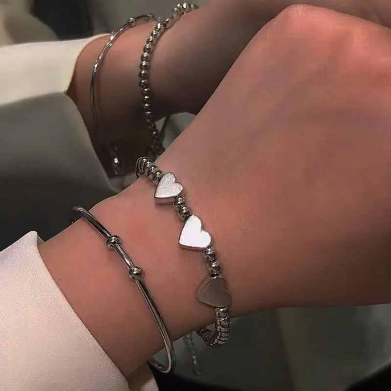 

Heart Women Bracelet Set Bracelets Woman Creative Bangles Bead Jewellery Korean Silver Color Trendy Zinc Alloy Hip Hop Pulseras