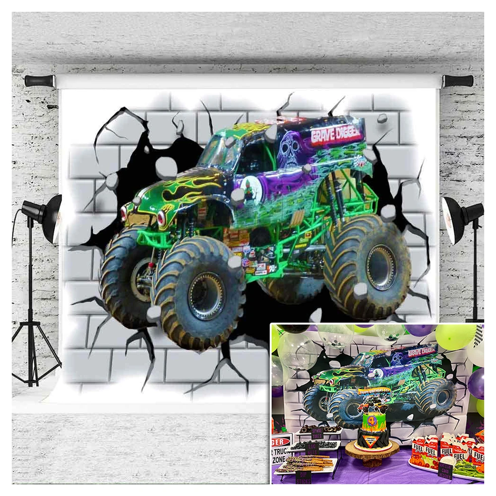 

Фон для фотосъемки детей с изображением монстра-грузовика, вечеринки в честь Дня Рождения, баннер с большими колесами, удивительные 3D гоноч...
