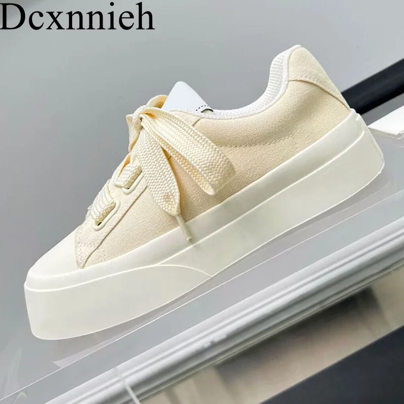 

New Spring Autumn Solid Color Thick Sole Canvas Casual women Shoes Lace-up Breathable Flat Shoes Outdoor Vacation Walking Shoes
