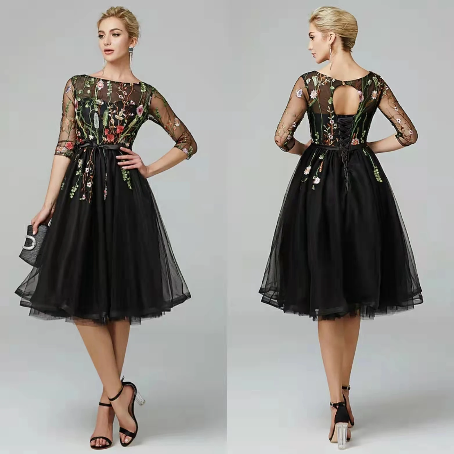 

Short Black Evening Dresses Valentine's Day Dress Illusion Neck Long Sleeve Knee Length Tulle with Embroidery Appliques