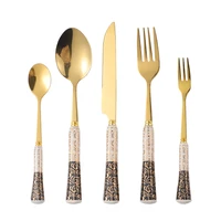 black and white gold pattern ceramic handle cutlery set kitchen stainless steel dinnerware knife fork spoon set dishwasher safe