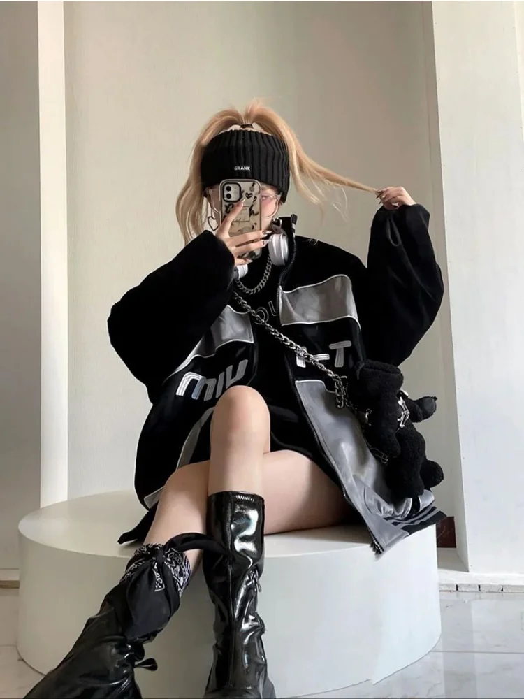 HOUZHOU Y2K Cyber Punk Black Baseball Jacket Women Hip Hop Techwear Japanese Patchwork Winter Jackets Harajuku Edgy Style Coat images - 6