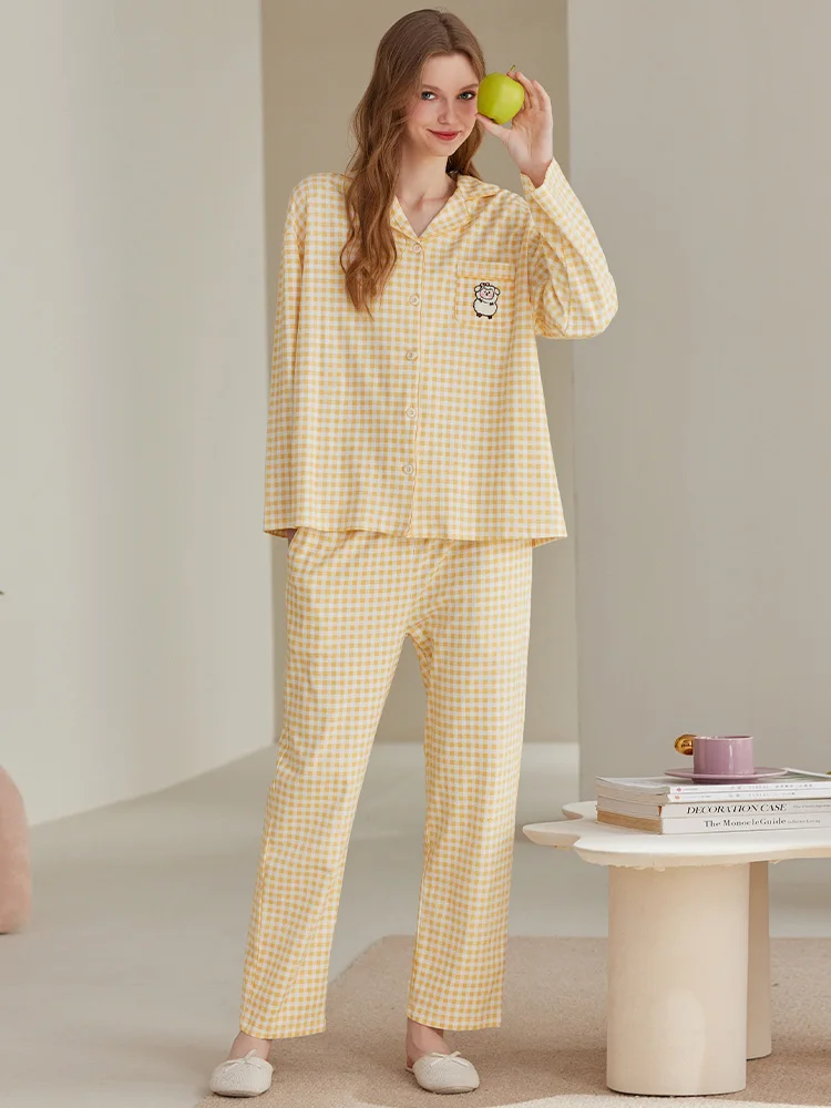 Finteng Cotton Pajamas Women Spring and Autumn Long sleeve Lapel Cardigan Plaid Casual Can Be Worn outside Homewear Set