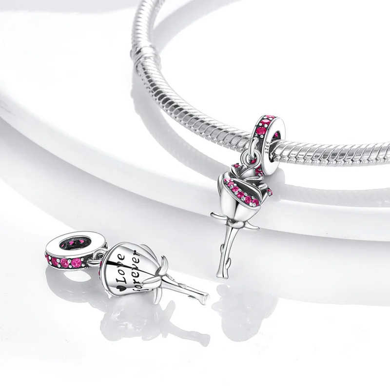 

100% 925 Sterling Silver Rose Flower Shape Charms Beads Fit Original Pandora Bracelets 925 Silver Pendant Bead Diy Jewelry 2021