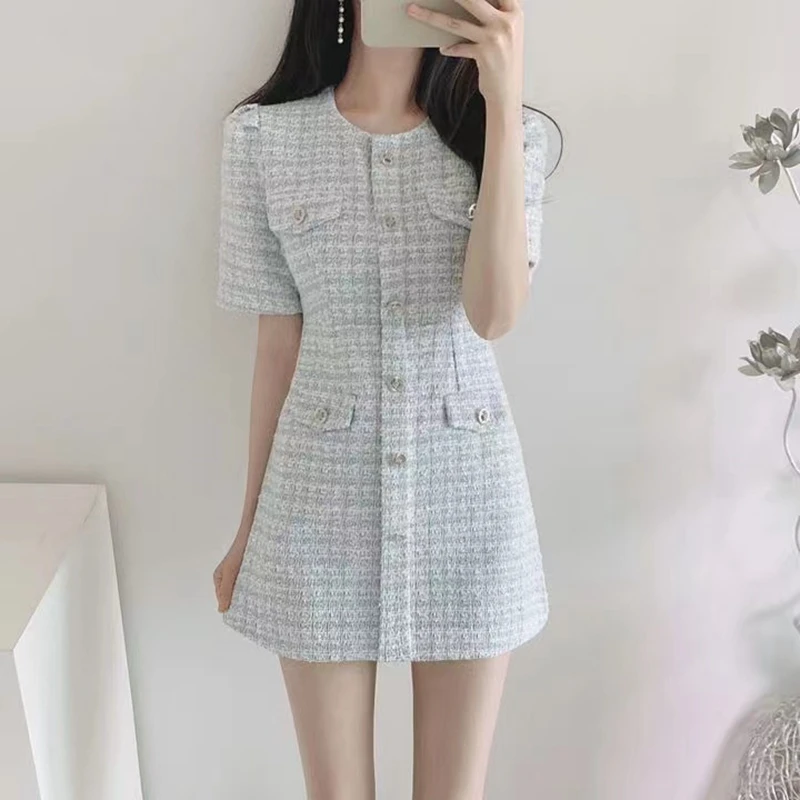 

2022 Fashion Chic Spring Lady O Neck Waist Slim Puff Short Sleeve A-line Plaid Tweed Dress Women Mini Vestido