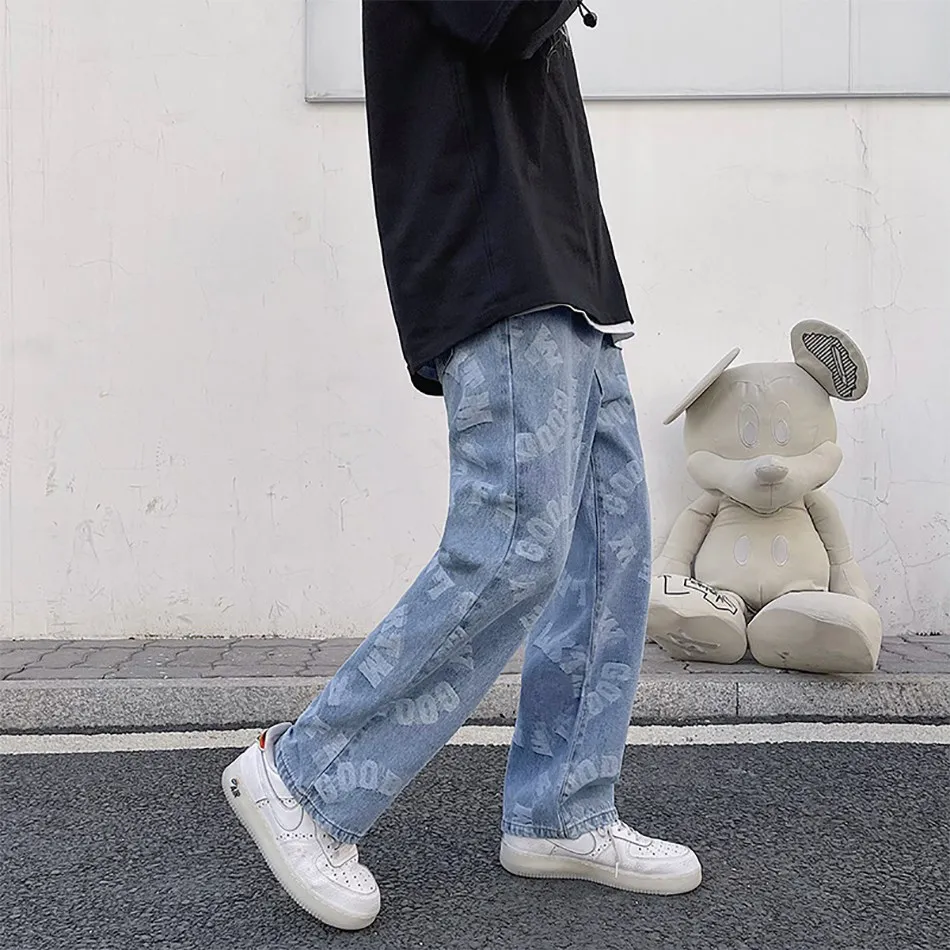 Mens Jacquard Jeans Wide Leg Denim Pant Characteristic Letters Pattern Straight Design Male Oversize Hip Hop Neutral Trousers