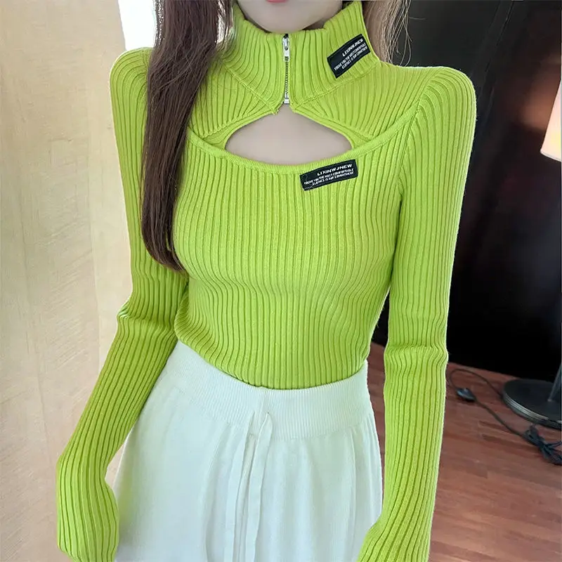 

Autumn and Winter 2023 New Fluorescent Green Half High Neck Sweater Women's Hollow Elastic Undercoat Knitwear Slim Pullover E959