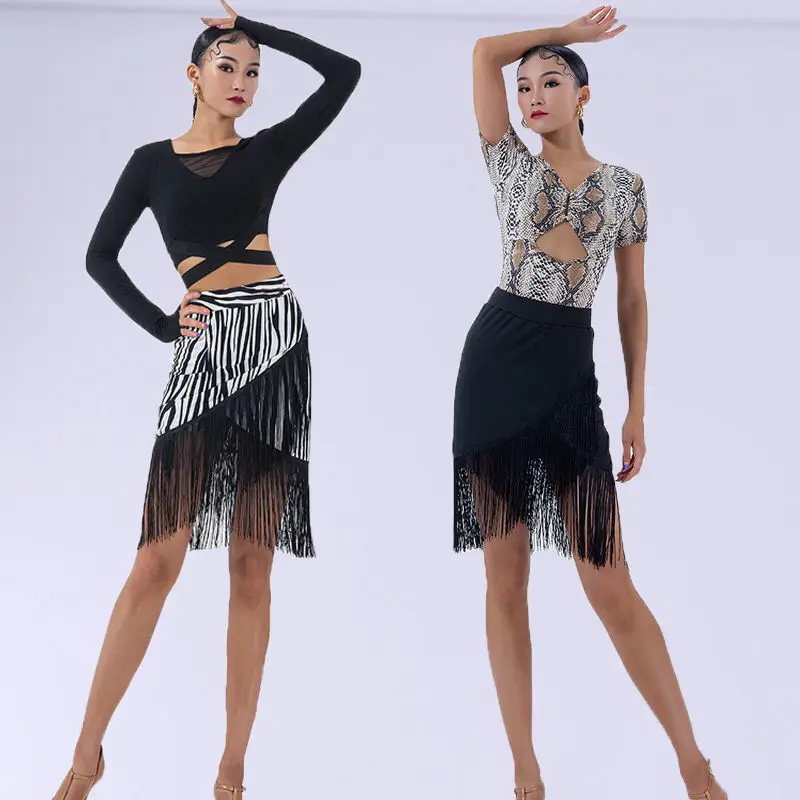 

Latin Dance Skirt Female Adult New Cross Hem Fringed Short Skirt National Standard Practice Clothes Autumn Irregular Skirt