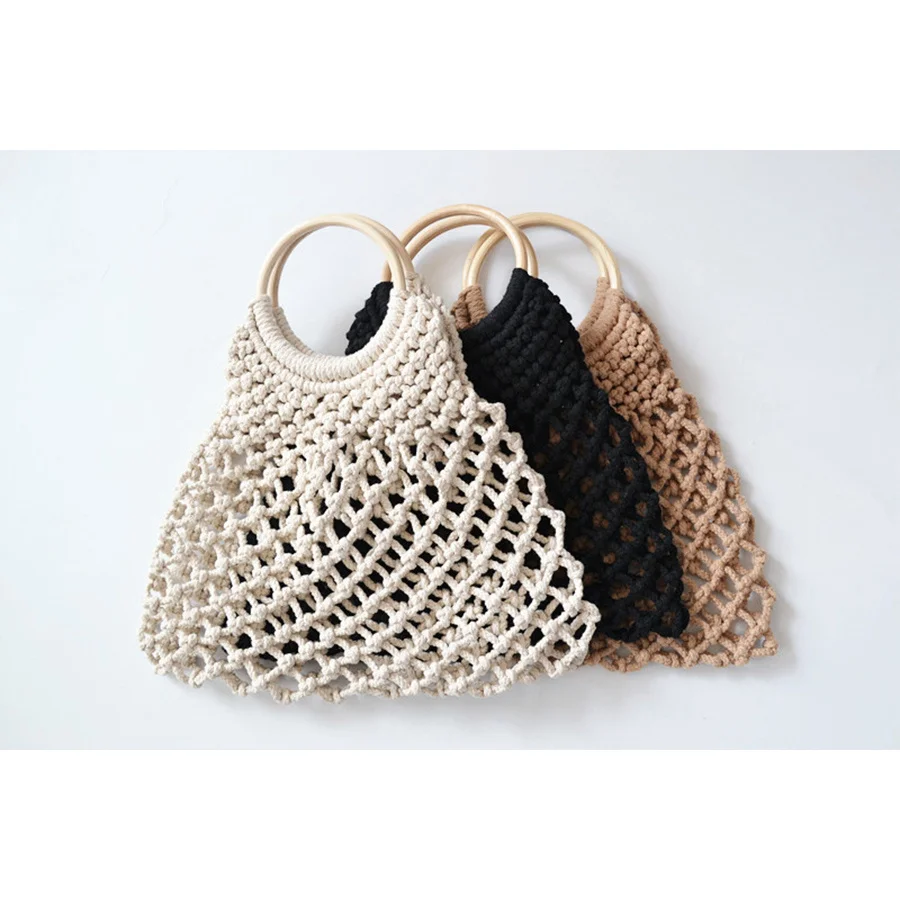 

Women Hollow Out Bag Fashion Popular Ring Woven Bag Mesh Rope Weaving Tie Buckle Reticulate Straw Bag No Lined Net Shoulder Bag