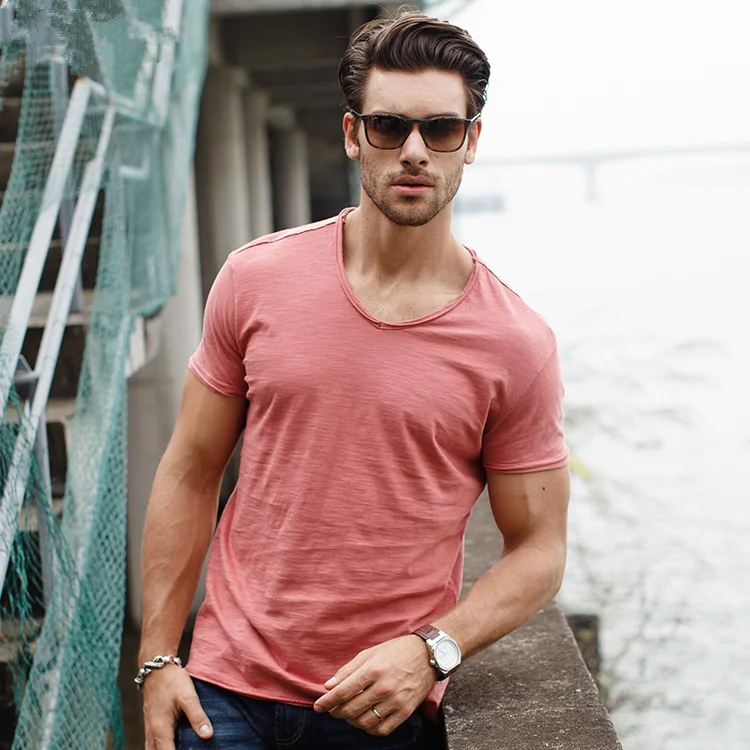 

T Shirt Men Casual Solid Color Slim Fit V-neck T-shirts Men New Summer Quality 100% Cotton T Shirt for Men